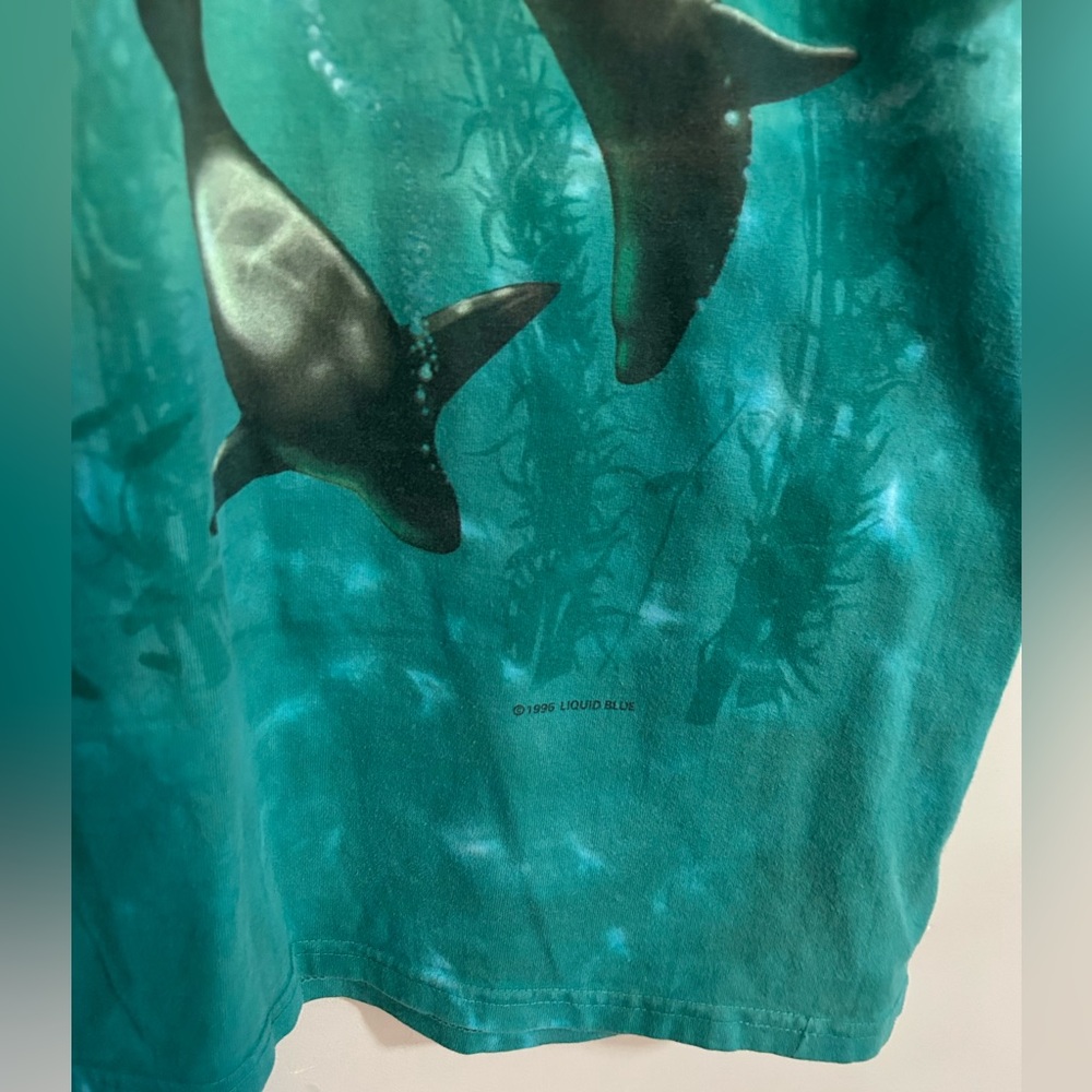 Vintage 90’s Liquid Blue Tie Dye Seals Marine Print T-Shirt Men’s Size L / XL - Picture 9 of 9